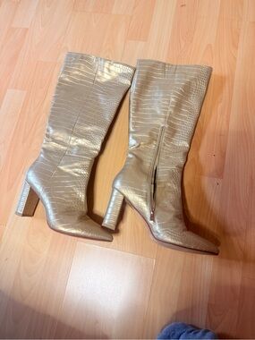 Croc-Embossed Metallic Knee Boots - Gold